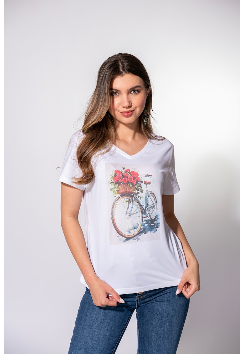 Tricou cu decolteu in V si imprimeu - Alb