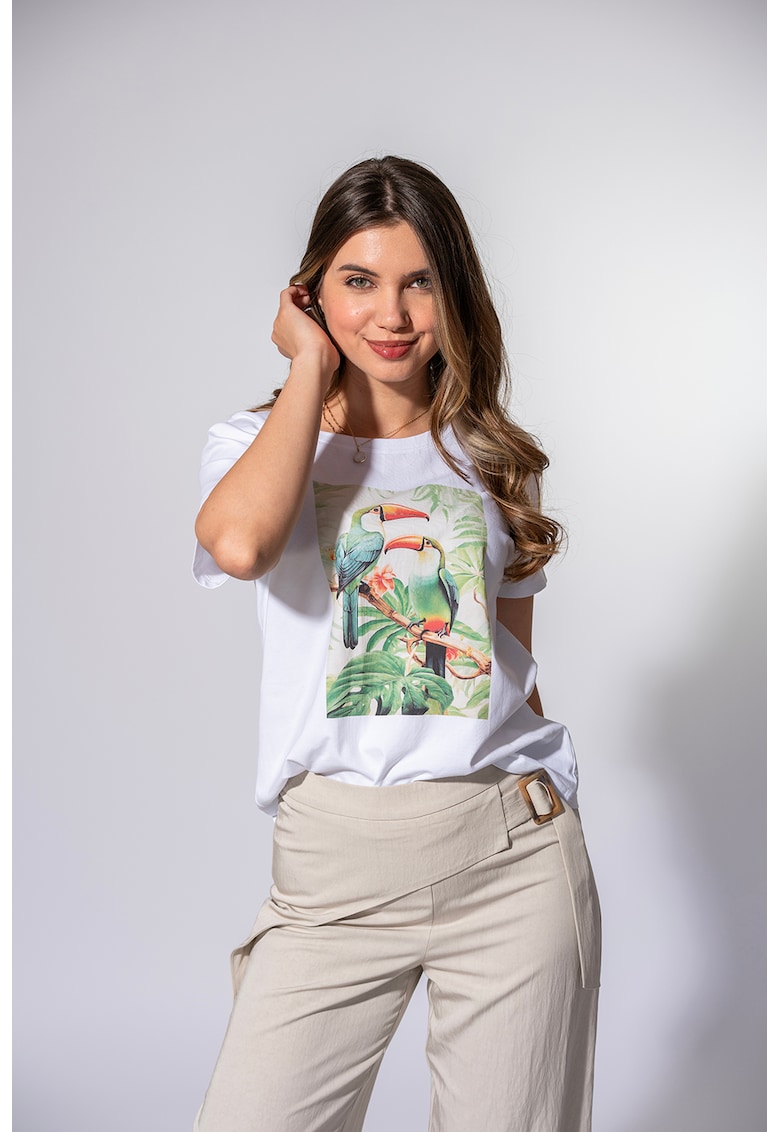 Tricou din amestec de bumbac cu decolteu la baza gatului si imprimeu - Alb