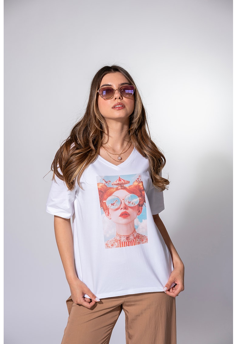 Tricou cu decolteu in V si imprimeu - Alb