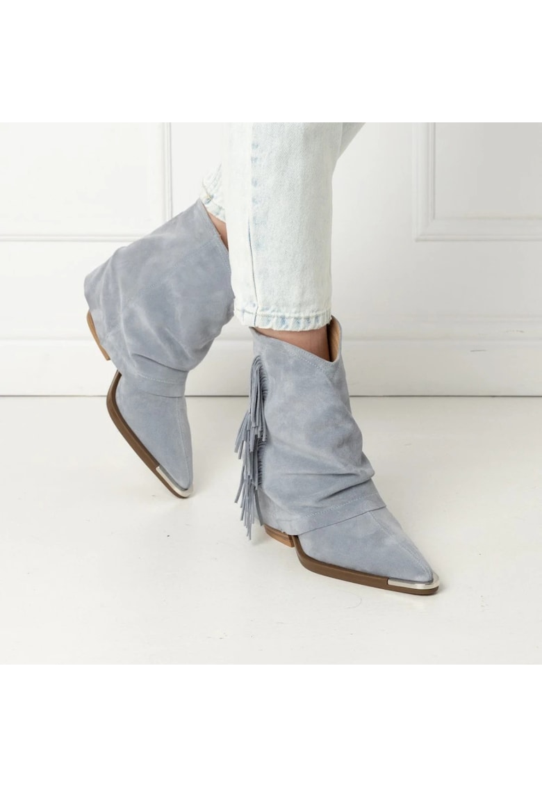 Botine din piele intoarsa cu franjuri Boho Vibes - Albastru