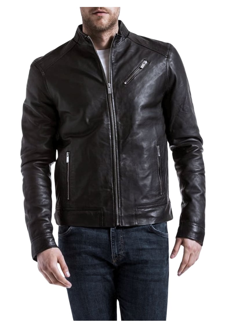 Jacheta de piele cu buzunare cu fermoar -