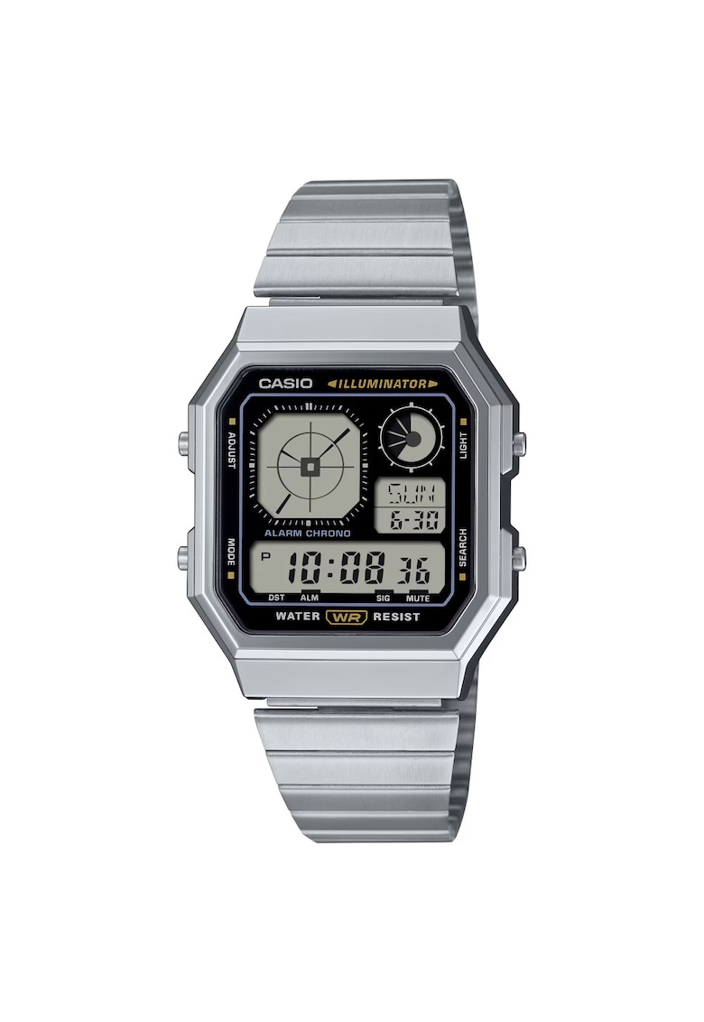 Ceas barbatesc A130WE-1A - retro - bratara din otel - cadran negru - 34x9mm - rezistent la apa 30m