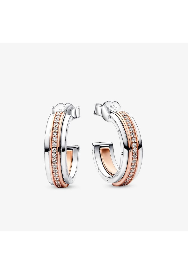 Cercei rotunzi pave cu logo Signature in doua tonuri Zirconiu - Argint 925 si Aur Roz 14k