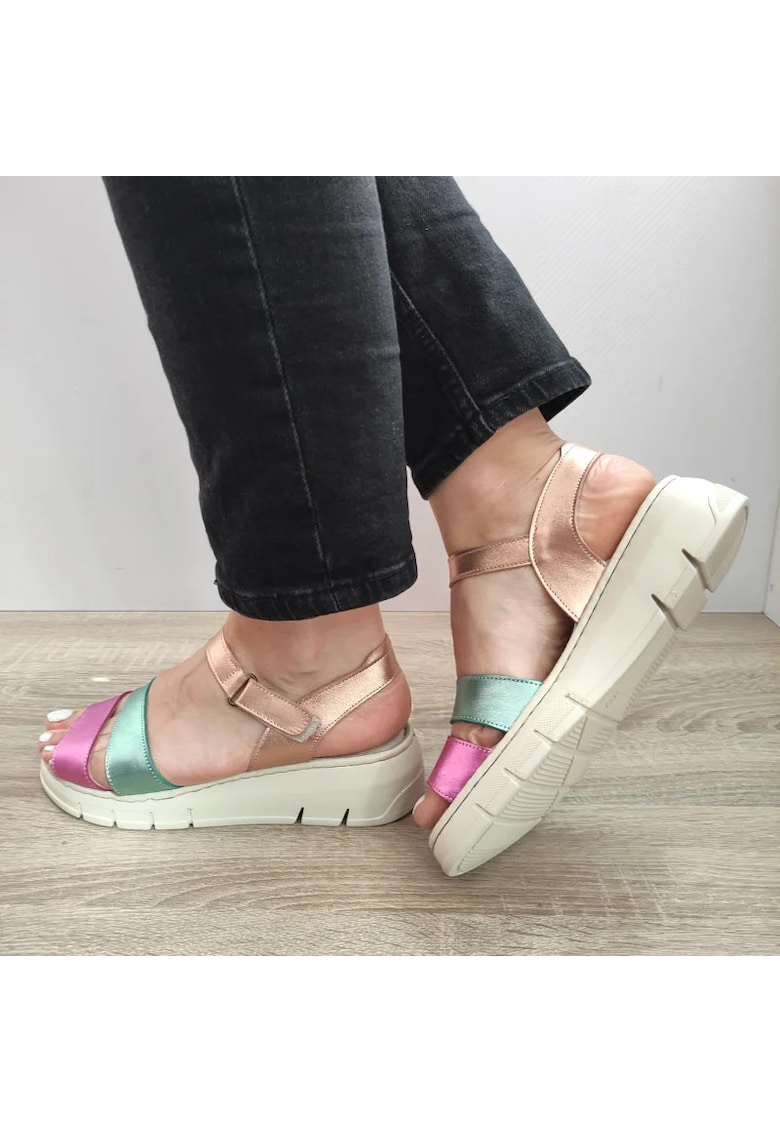 Sandale Casual Dama Fr-404 Roz Cu Verde Metalic Si Bej - Roz - Roz