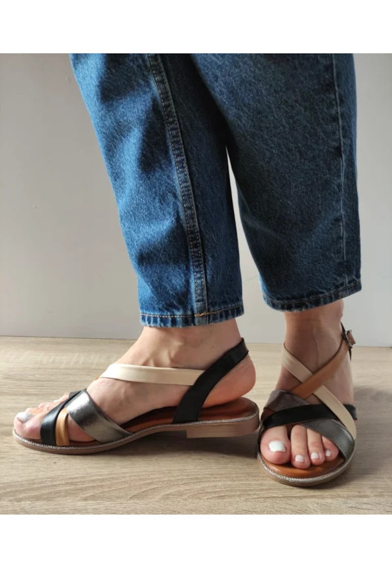 Sandale Casual Dama 059 A406 Negre Cu Bej Si Bronze - Negru - Negru