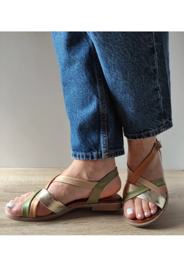 Sandale Casual Dama 059 A406 Olive Cu Bej Si Auriu - Verde - Verde