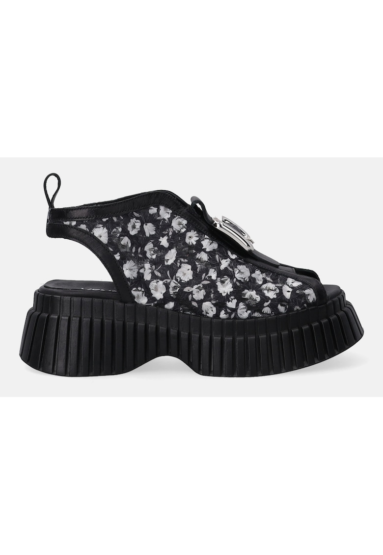 Sandale din piele cu imprimeu floral si toc masiv