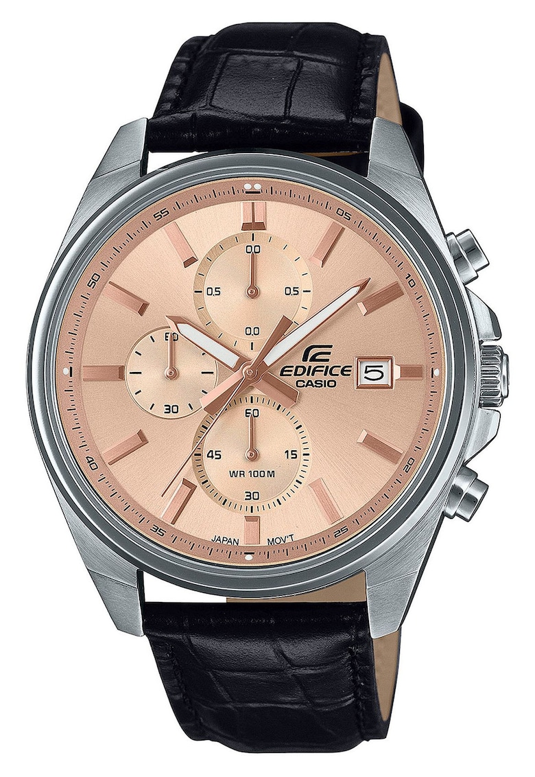 Ceas barbati  Edifice EFV-610EL-5AUEF - quartz - negru - 44mm - rezistent la apa 100m - curea din piele naturala - cadran aur roz