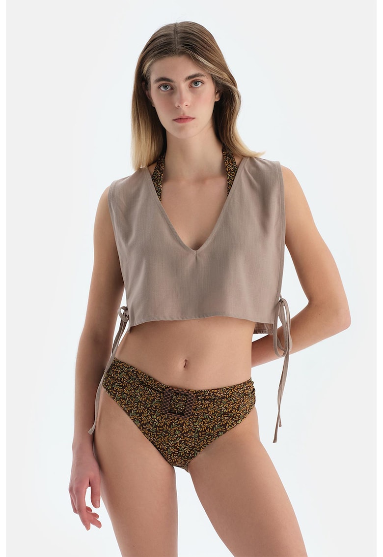 Tricou crop cu decolteu in V - Maro taupe