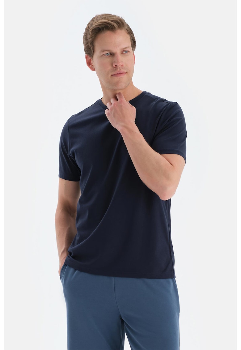 Tricou de bumbac cu decolteu la baza gatului - Bleumarin