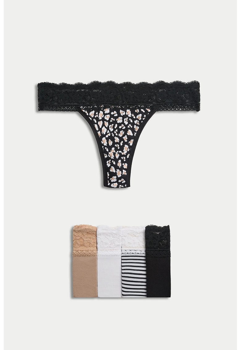 Set de chiloti tanga cu garnituri de dantela - 5 perechi - Alb/Negru