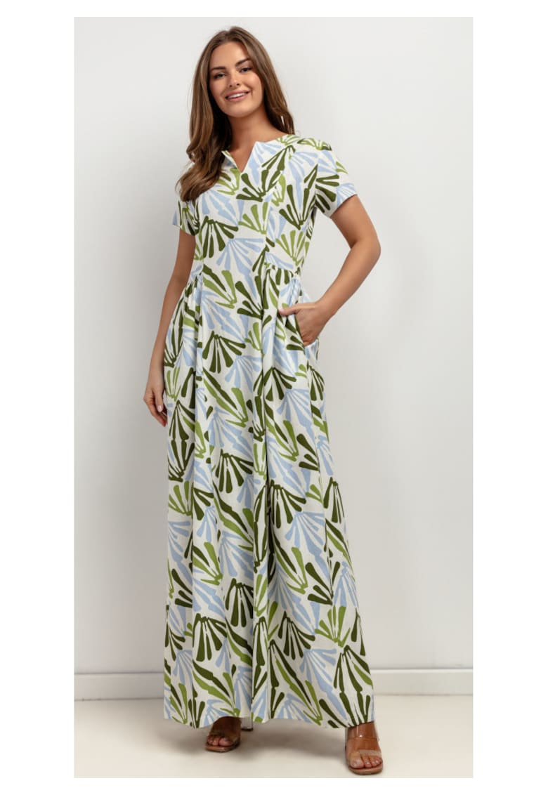 Rochie din amestec de in cu imprimeu si buzunare laterale