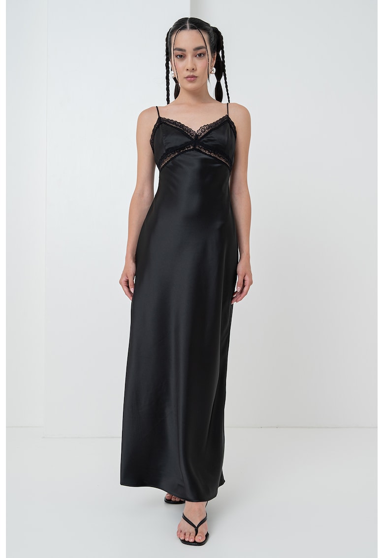 Rochie-furou maxi din satin cu detalii de dantela