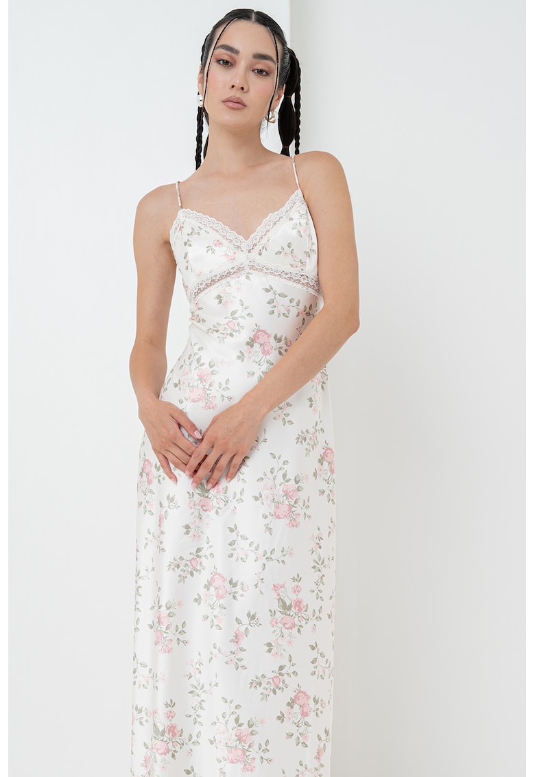 Rochie-furou maxi din satin cu detalii de dantela