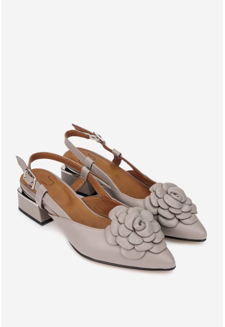Pantofi dama taupe din piele cu ornament floare