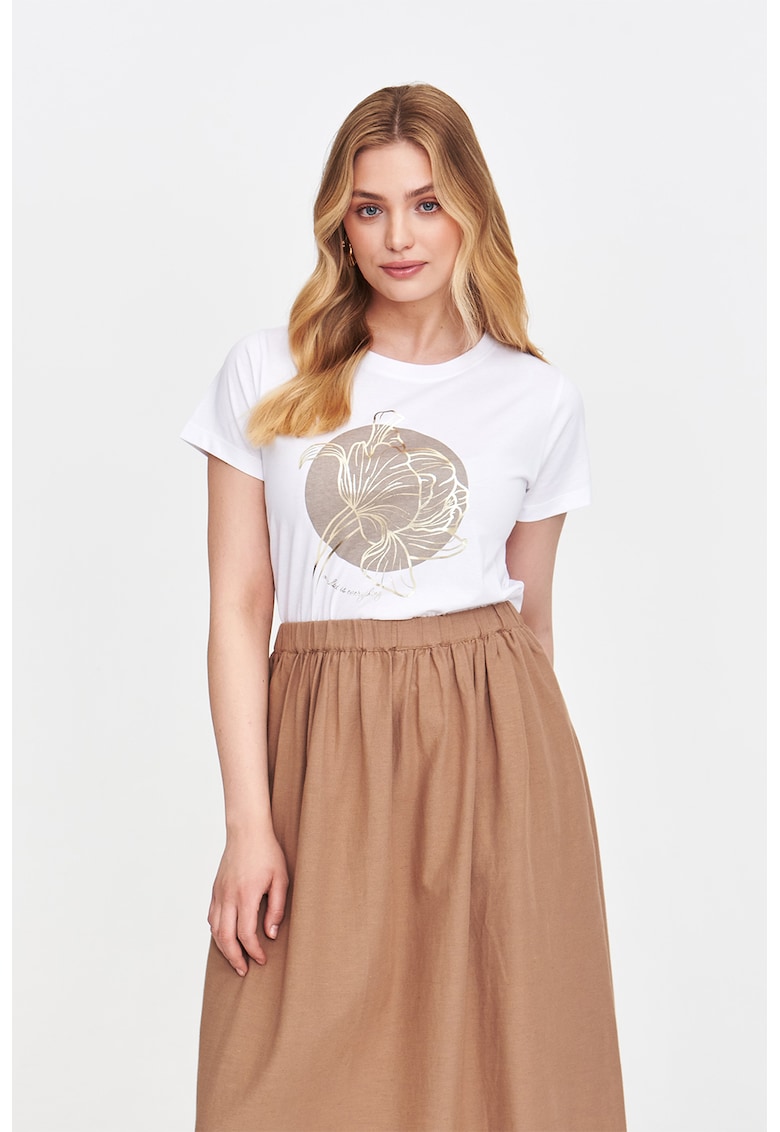 Tricou cu imprimeu si decolteu rotund - Maro taupe/Alb optic