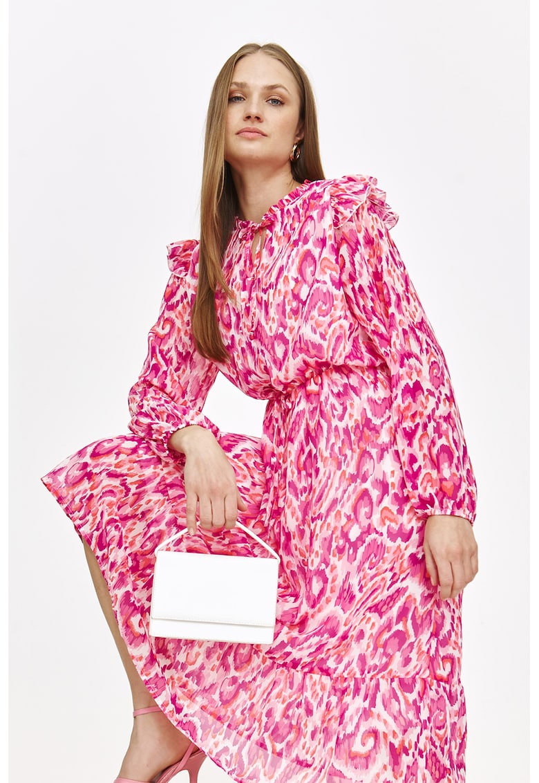 Rochie midi cu model - maneci bufante si volane