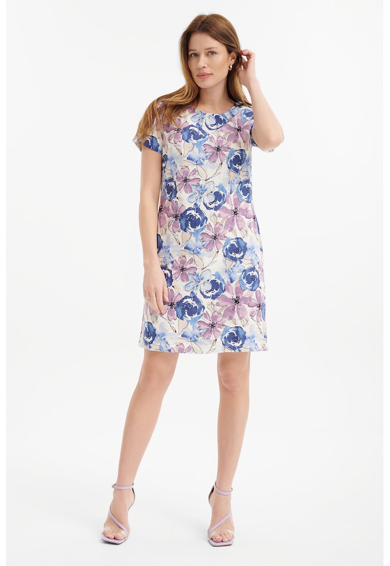 Rochie midi din amestec de in cu imprimeu