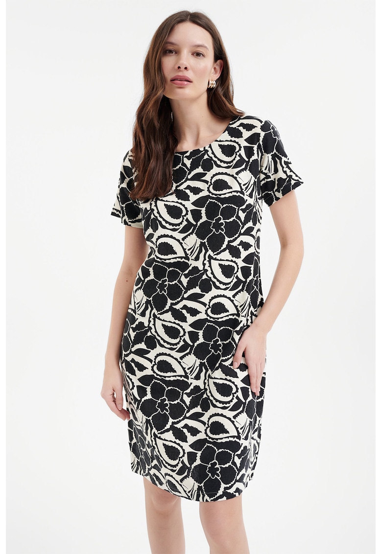 Rochie midi din amestec de in cu imprimeu