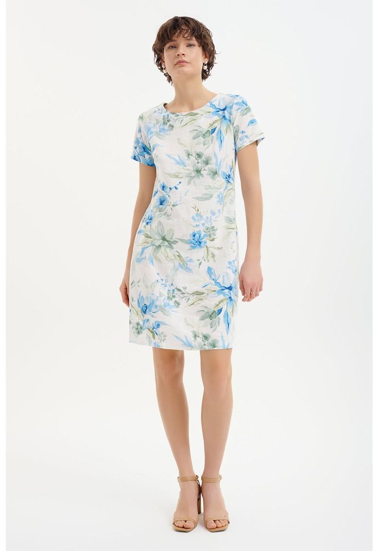 Rochie midi din amestec de in cu imprimeu