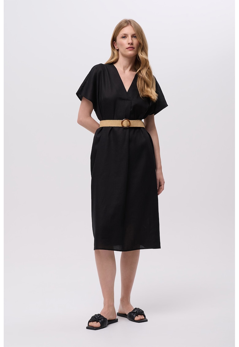 Rochie din amestec de in cu decolteu in V si curea in talie