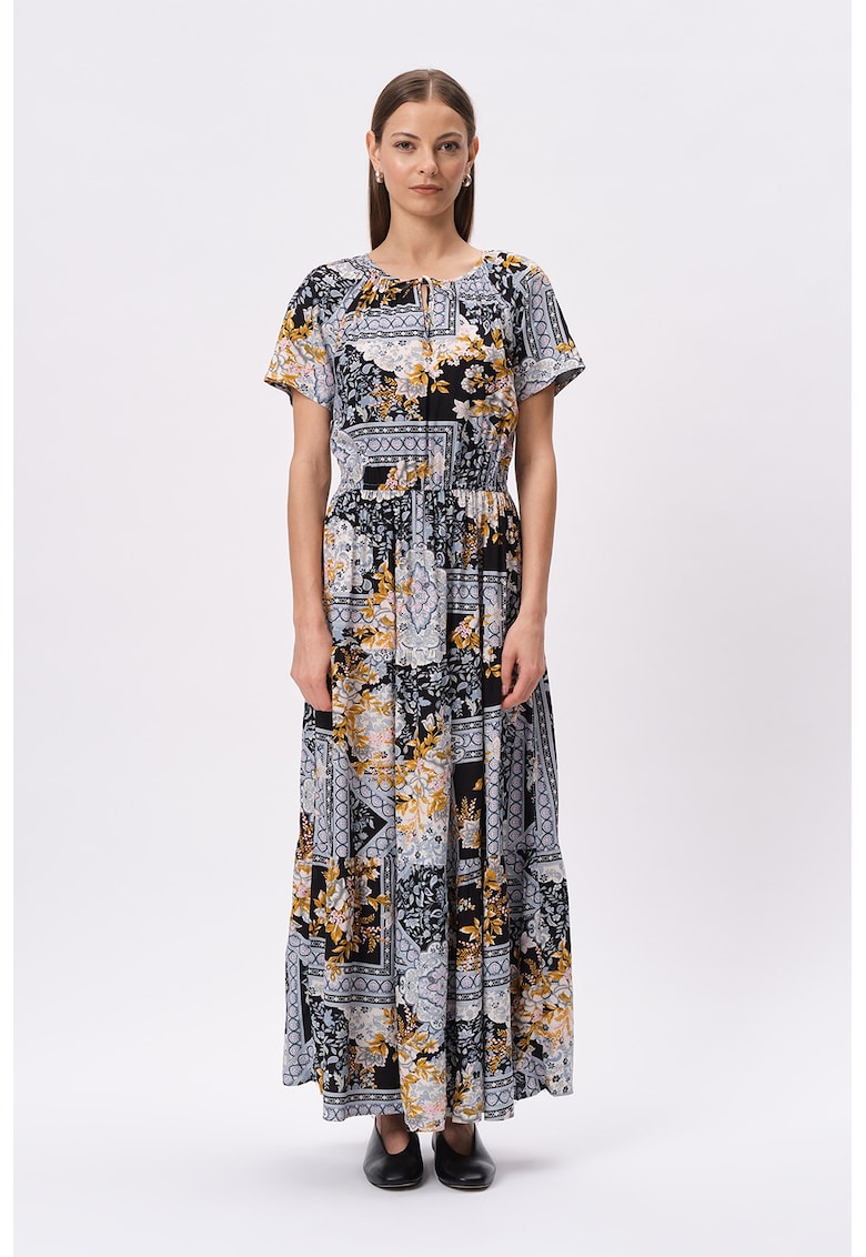 Rochie evazata din amestec de in cu imprimeu