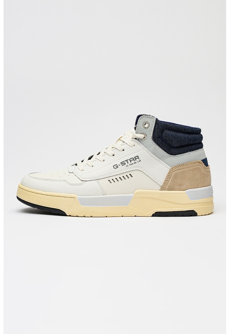 Pantofi sport mid-cut de piele si segmente de denim - Alb/Albastru indigo