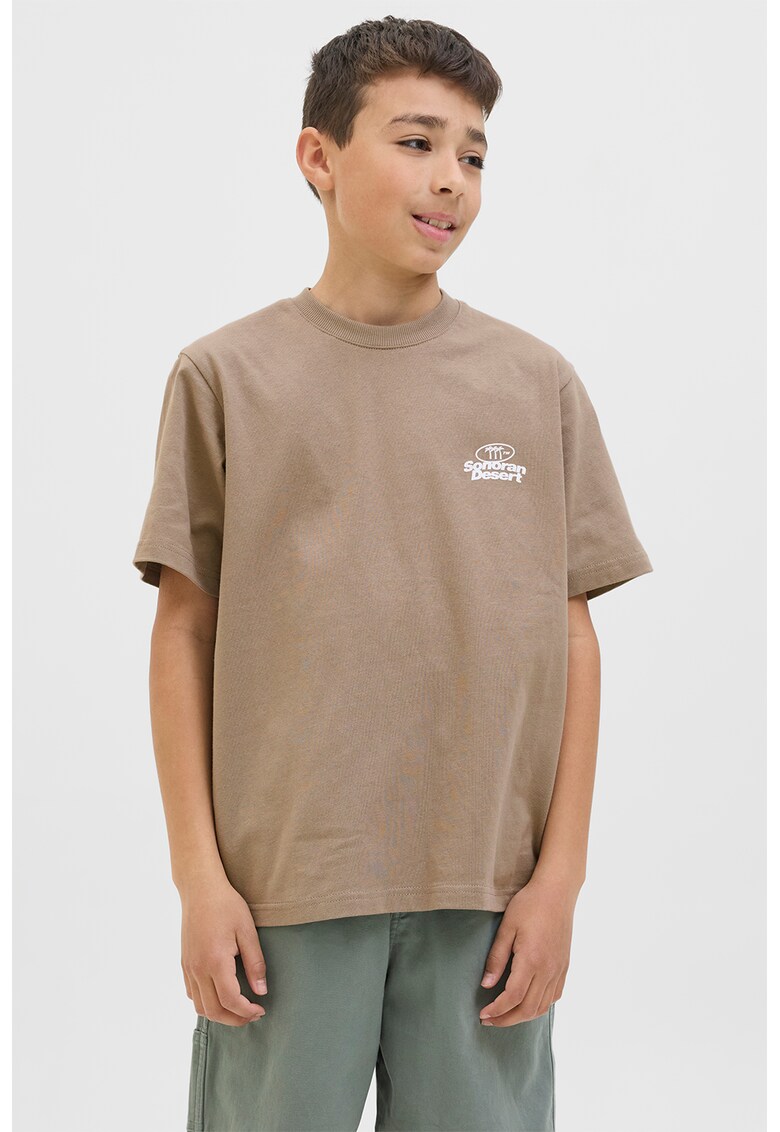 Tricou cu decolteu la baza gatului si imprimeu text - Maro nisip