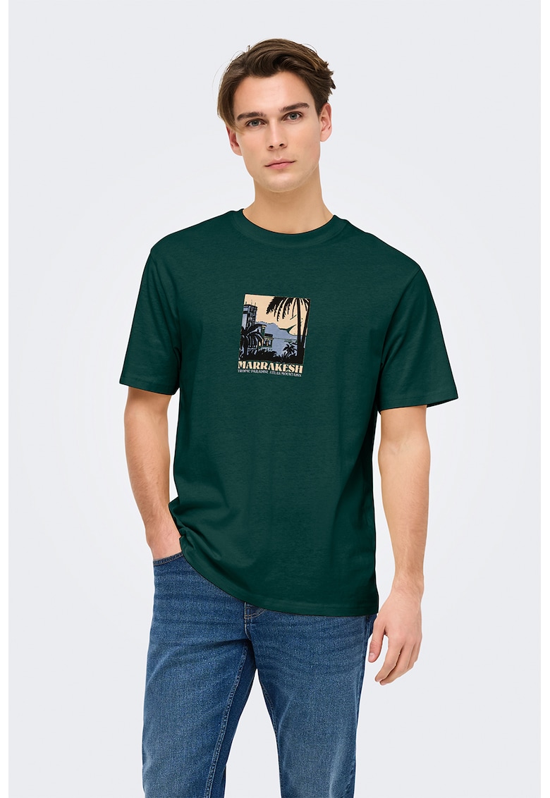 Tricou din bumbac cu imprimeu grafic discret Tricou din bumbac cu imprimeu grafic discret