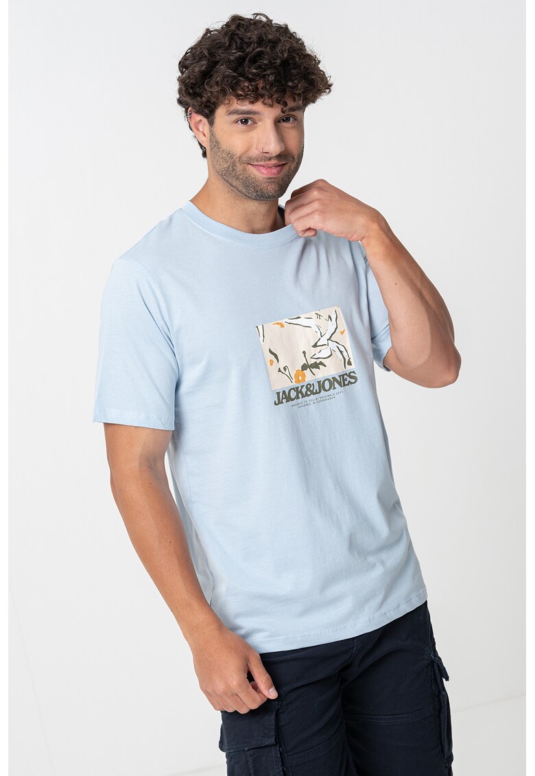 Tricou de bumbac cu imprimeu frontal - Albastru pastel