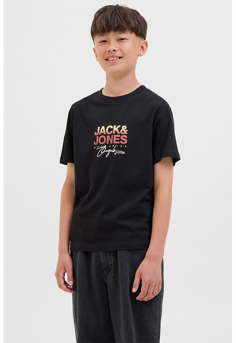 Tricou cu decolteu la baza gatului si imprimeu logo - Negru