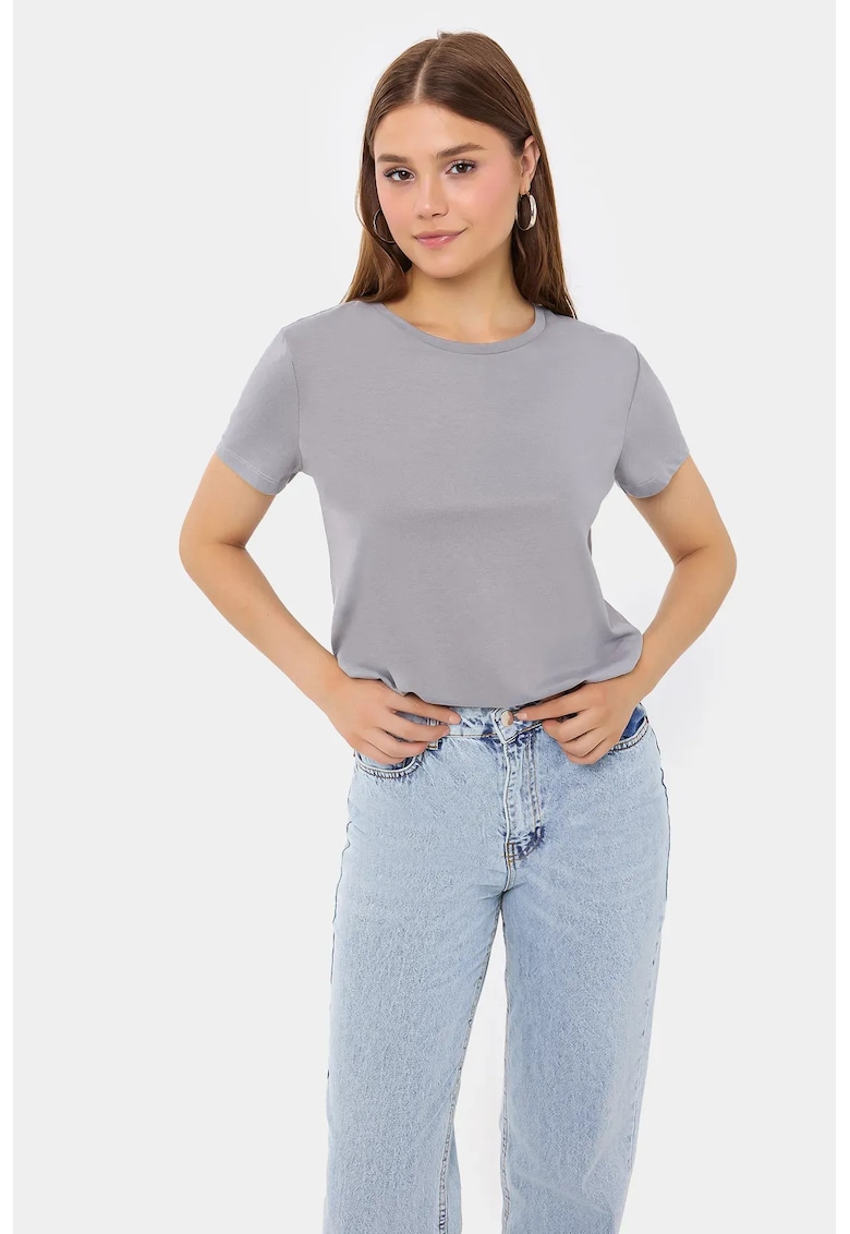 Tricou dama - basic - guler rotund - maneca scurta - gri - bumbac
