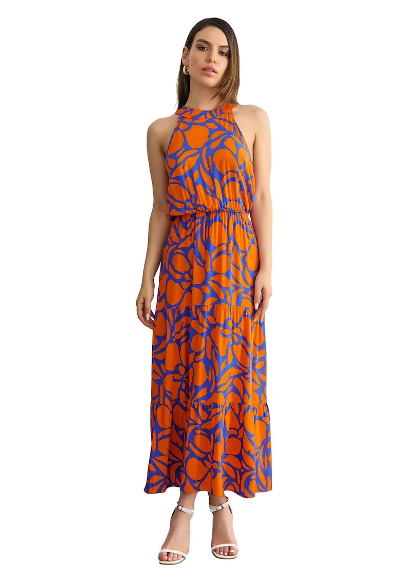 Rochie maxi - Imprimeu floral - Decolteu halter - Portocaliu/Albastru Rochie maxi - Imprimeu floral - Decolteu halter - Portocaliu/Albastru