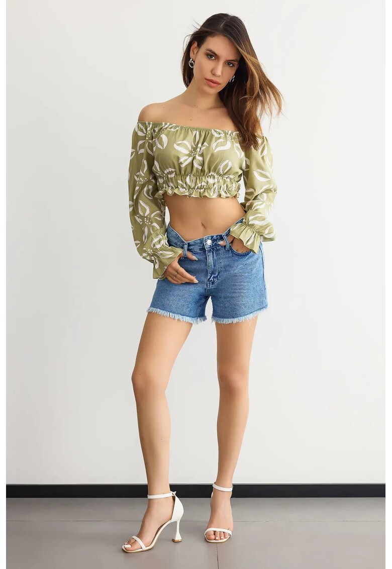 Bluza dama - cu maneca lunga - umeri goi - detalii pe maneca - verde - bumbac