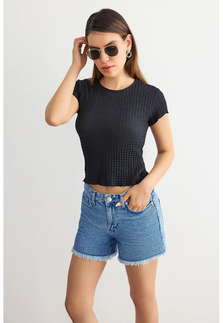 Top dama - scurt - maneca scurta - decolteu rotund - negru - poliester