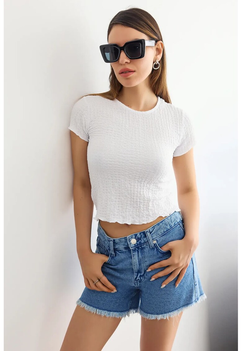 Top - scurt - maneca scurta - decolteu rotund - alb - poliester
