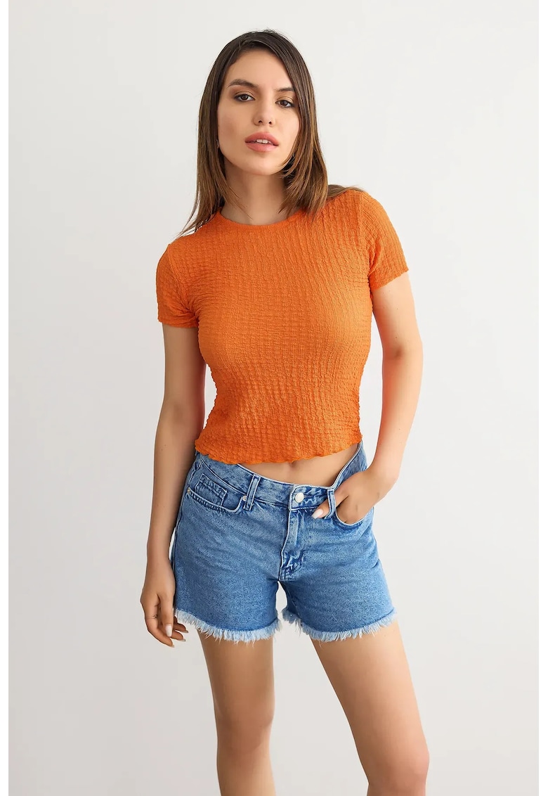 Top - scurt - maneca scurta - portocaliu - material texturat