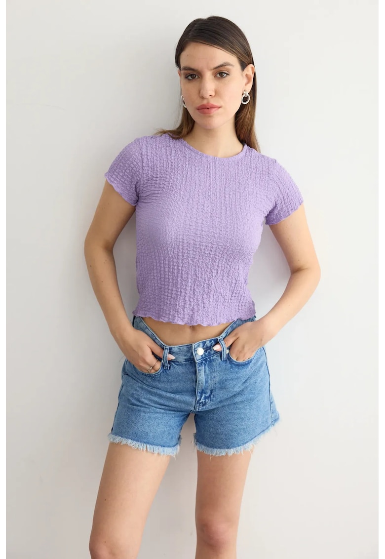 Top dama - scurt - maneca scurta - violet - material texturat