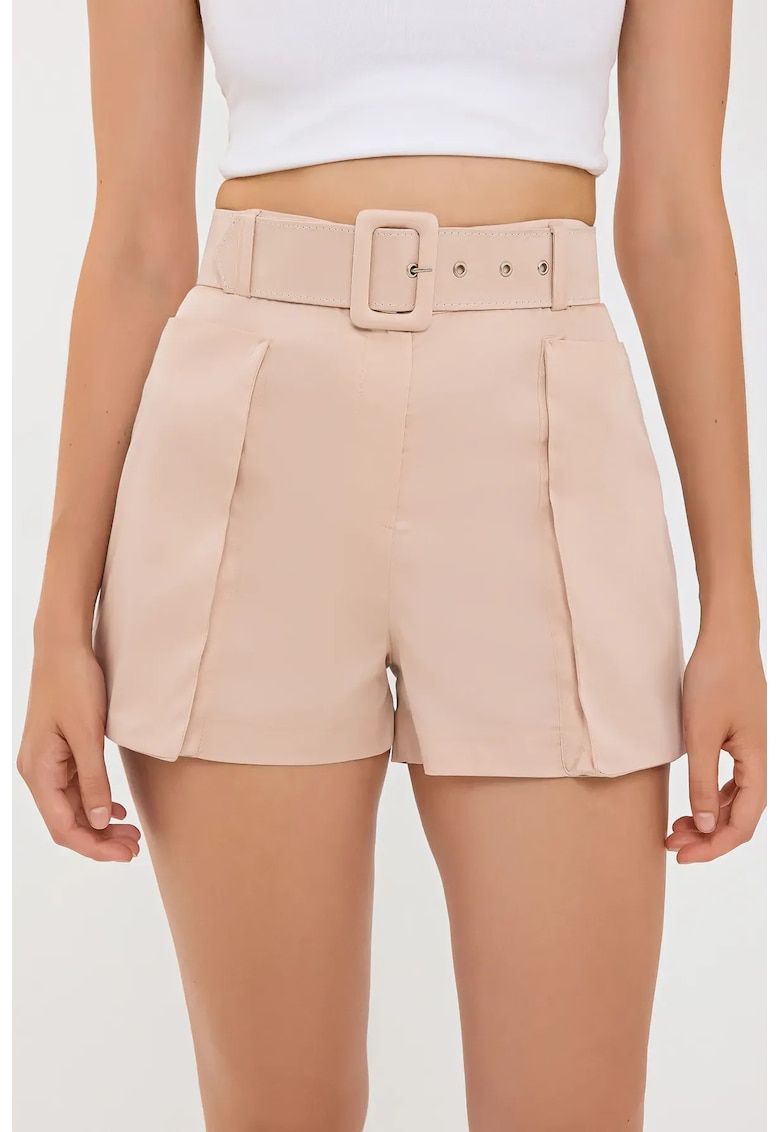 Pantaloni scurti dama - bumbac - talie inalta - buzunar - natural