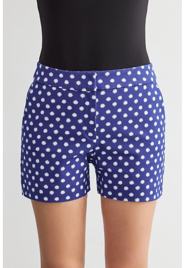 Pantaloni scurti dama - carouri - talie inalta - elastic - albastru - bumbac-elastan