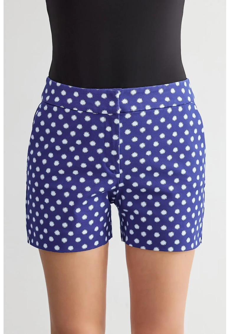 Pantaloni scurti dama - carouri - talie inalta - elastic - albastru - bumbac-elastan