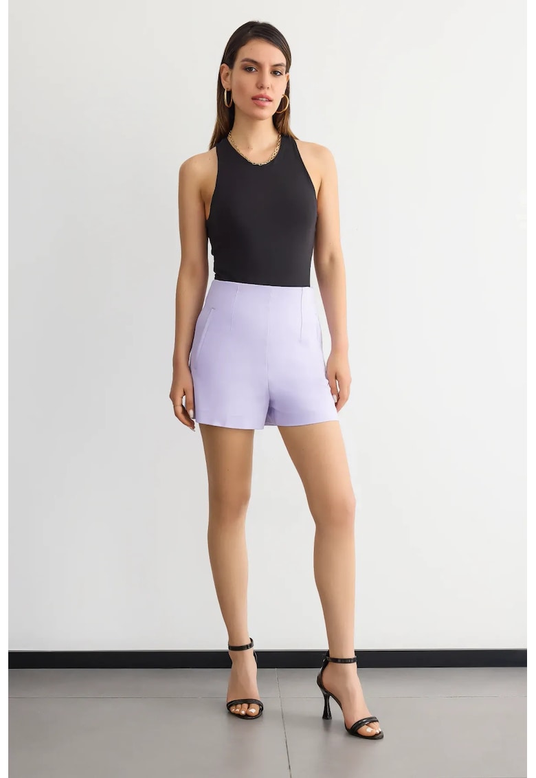 Pantaloni scurti dama - talie inalta - violet - bumbac/poliester