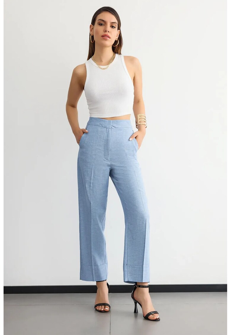 Pantaloni dama - drepti din in cu talie inalta - albastru - bumbac