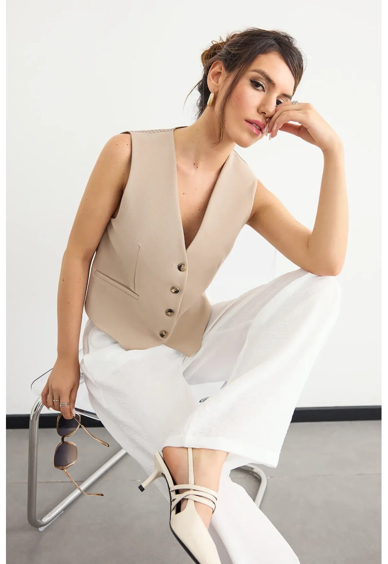 Top dama - vesta fara maneci - decolteu in V - bej - poliester