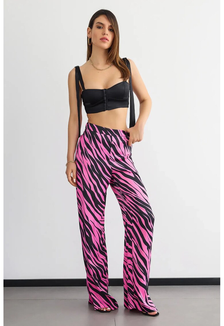 Pantaloni dama texturati cu imprimeu animal - Roz neon