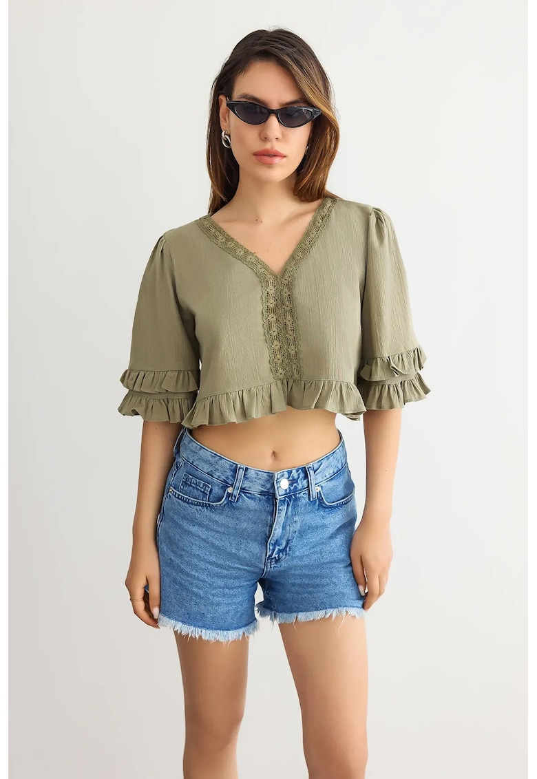 Bluza scurta - decolteu in V - volane - verde - bumbac