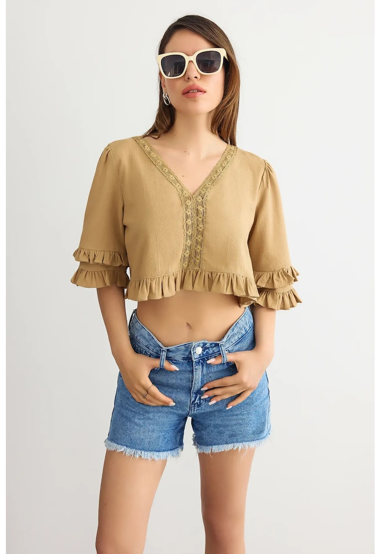 Bluza scurta - decolteu in V - volane - maro - bumbac