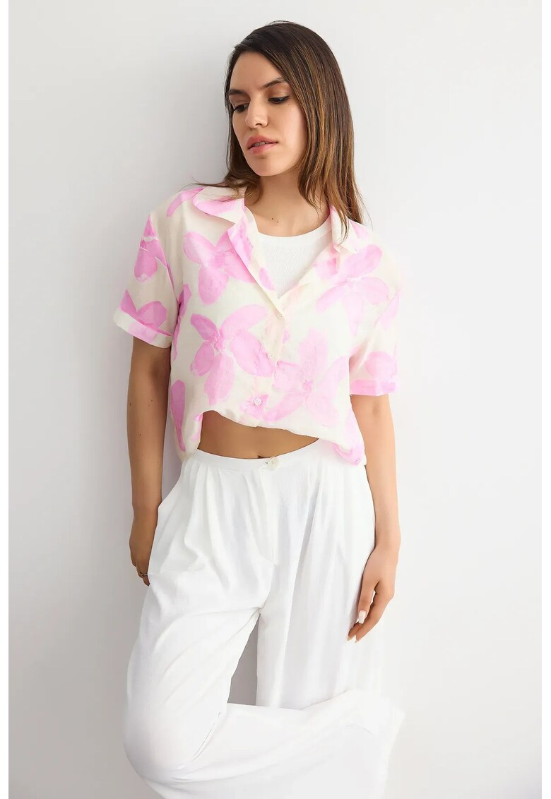 Camasa scurta cu imprimeu floral - roz - organza - pentru primavara-vara