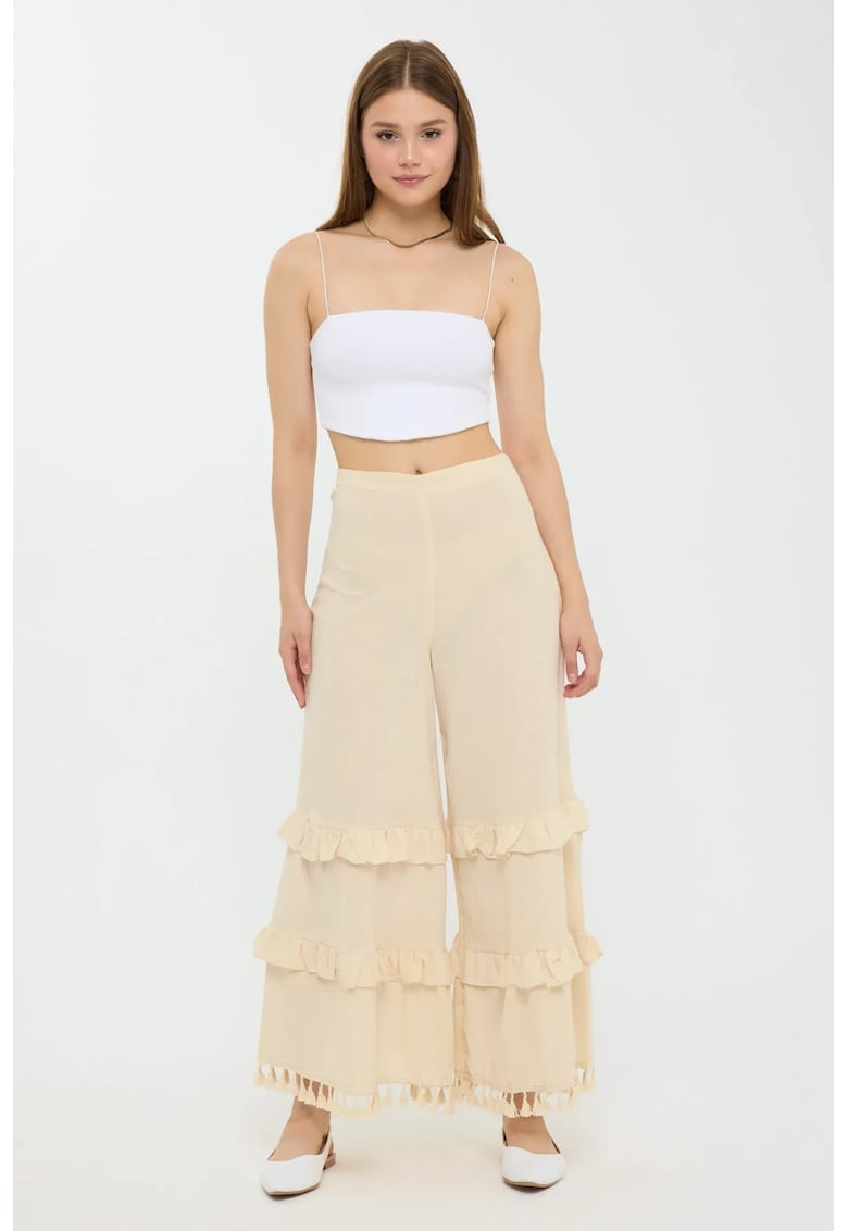Pantaloni dama - din in - talie inalta - croiala larga - tiv cu ciucuri - natural