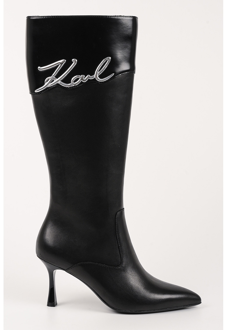 Cizme lungi cu toc kitten si logo